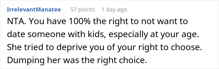 Screenshot of an online comment discussing if a man was wrong for dumping his girlfriend because she has kids. Screenshot of an online comment discussing if a man was wrong for dumping his girlfriend because she has kids.