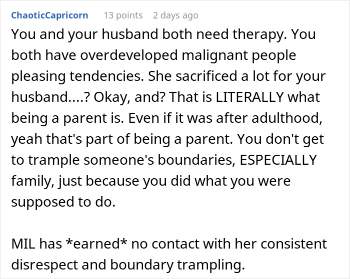Comment discussing MIL's refusal of baby name due to boundary trampling and disrespect within family conflicts.