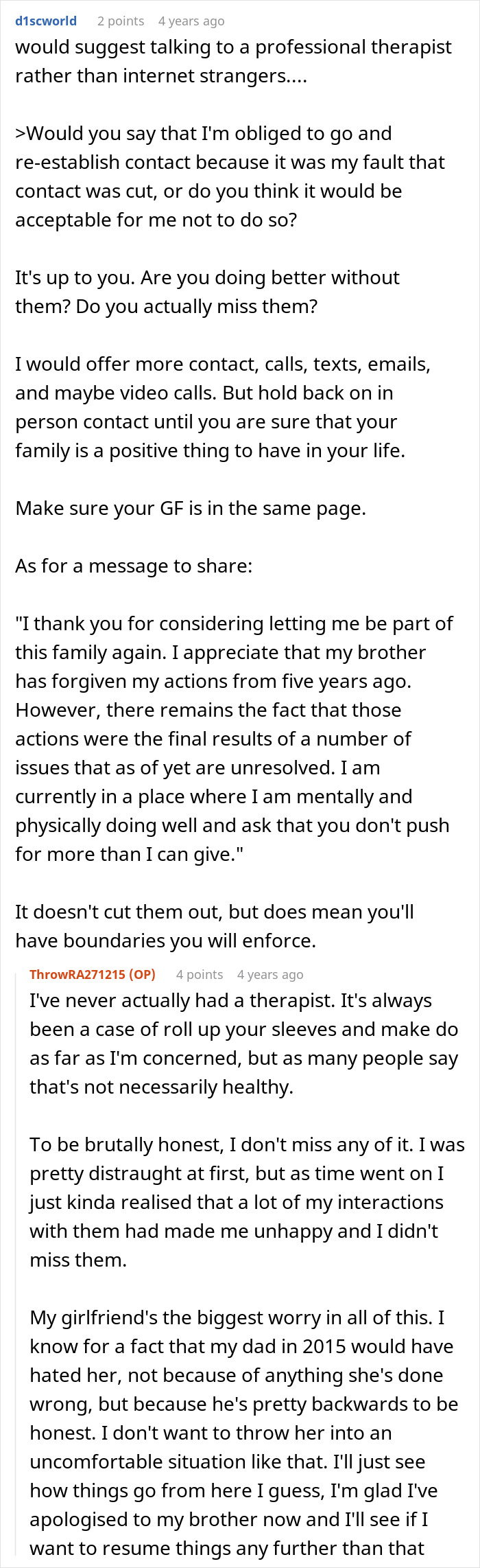 Text conversation discussing family forgiveness and boundaries after a man beat his brother five years ago.