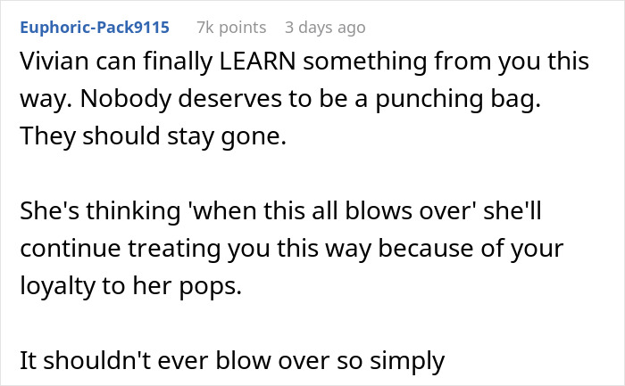 User comment discussing a woman snapping and kicking her fianc&eacute; and stepdaughter out, refusing to take them back.
