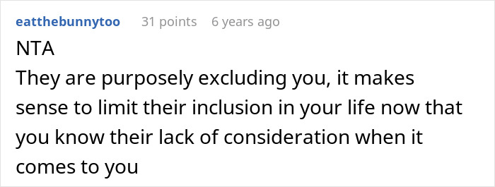 Screenshot of a comment explaining why a guy feels excluded by family during girl days, highlighting immaturity and growth needs.