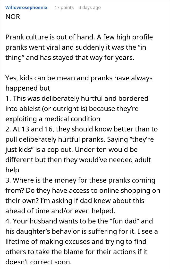 Text conversation discussing prank culture, stepdaughters&rsquo; gift pushing woman to her limits, and viral husband conversation.