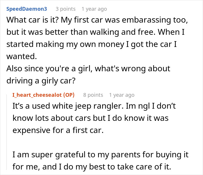 Red and white used Jeep Wrangler representing sister refusing to drive ungrateful brother in a family dispute.