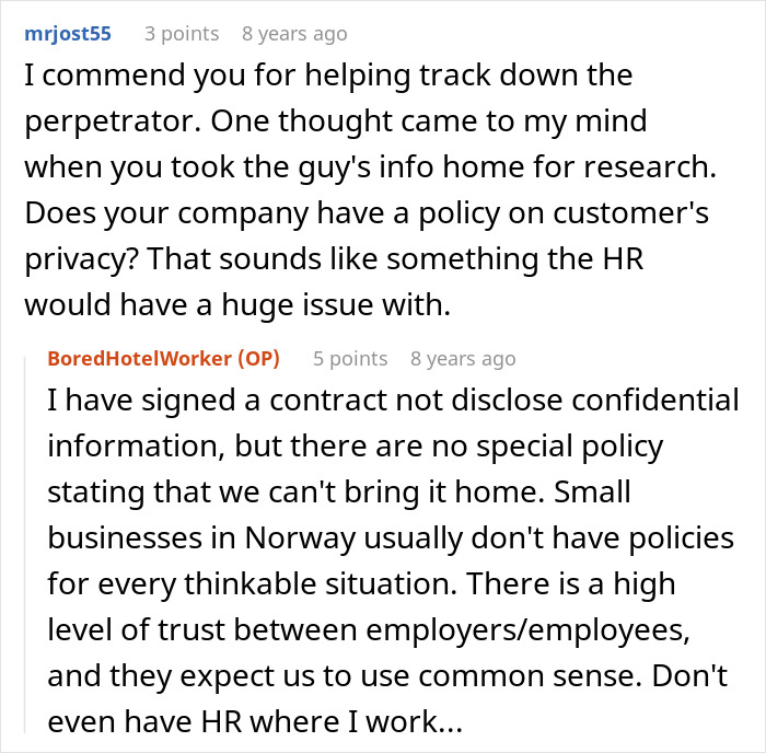 Commenters discussing hotel receptionist handling scammer&rsquo;s $2k laundering attempt and company privacy policies.
