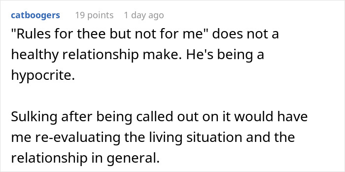Reddit comment screenshot calling out hypocrisy and reevaluating living situation; boyfriend ban friends relationship