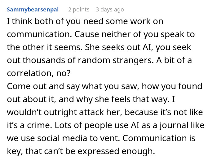 Commenter discussing AI use as a personal relationship coach and highlighting communication issues in a couple&rsquo;s dynamic.