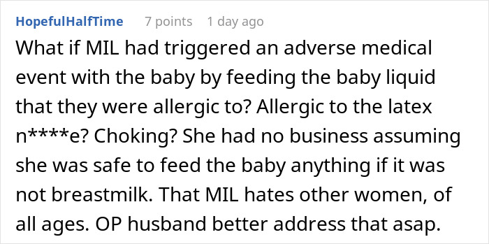 Reddit comment about MIL feeding baby, warning of allergies and safety as mom takes her baby and storms off.