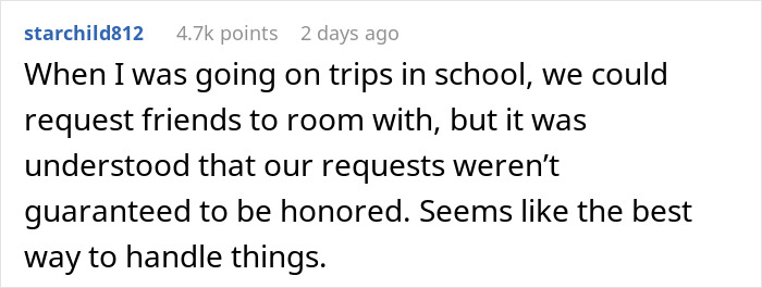 Text post discussing experiences with school trips and rooming requests, highlighting challenges faced by autistic kids.