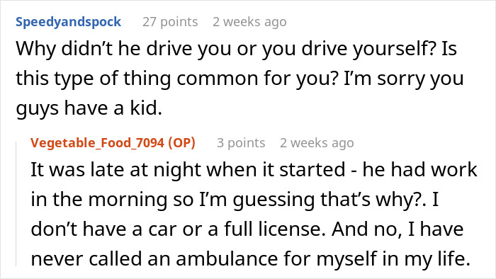 Reddit conversation discussing why partner called ambulance for themselves instead of driving or self-transporting at night.
