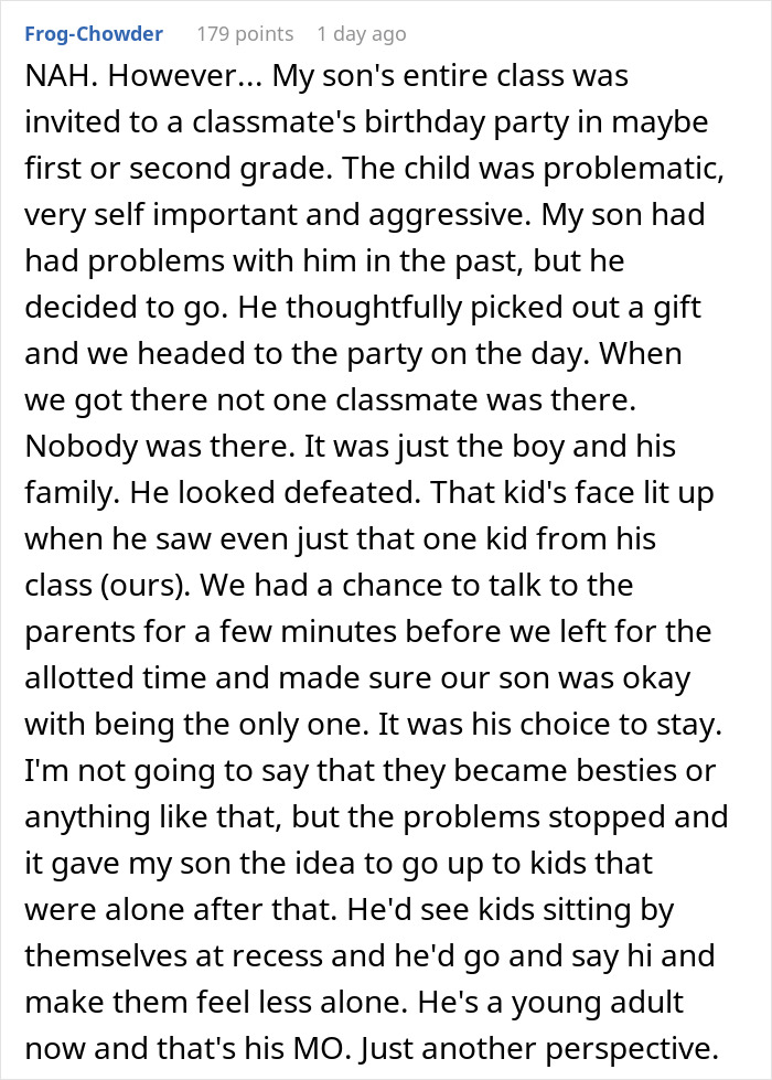 Reddit comment screenshot about a parent dilemma over daughter attend birthday, recounting a child showing up to a party alone Reddit comment screenshot about a parent dilemma over daughter attend birthday, recounting a child showing up to a party alone