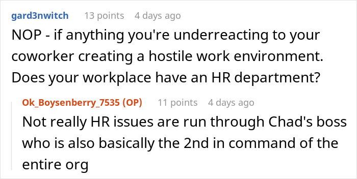 Text conversation showing a user discussing a coworker creating a hostile work environment and HR department issues.