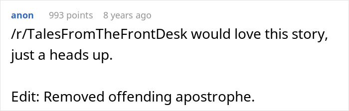 Text post from a user warning a story about a scammer failing at a hotel receptionist&rsquo;s $2k laundering attempt.