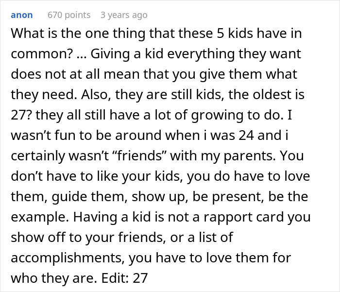 Comment discussing challenges of parenting and children perceived as failures despite a dad's efforts for his kids. Comment discussing challenges of parenting and children perceived as failures despite a dad's efforts for his kids.