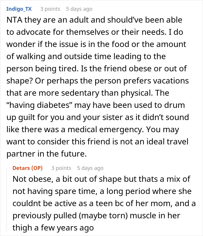 Screenshot of online discussion about a woman mad at friend for taking her on a walking trip without warning, knowing she&rsquo;s diabetic.