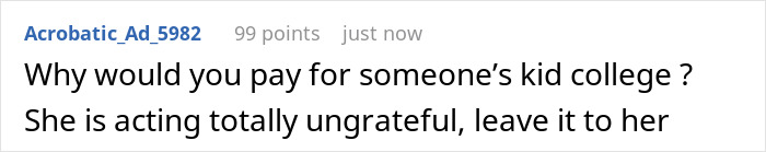 Online comment about family conflict over stepson college money, expressing frustration and refusal to pay.