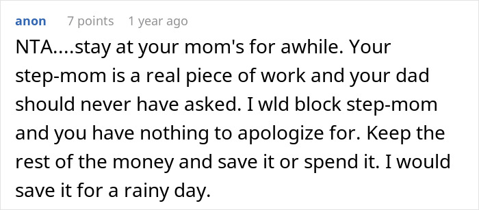 Text screenshot of a comment supporting a teen over stepmom's selfish and cruel accusations about spending money.