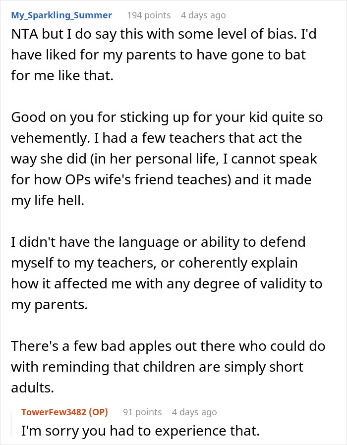 User comment discussing a teacher and kid situation with a parent defending the child in an online forum thread.