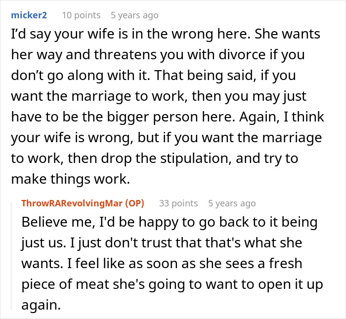 Alt text: Reddit comments discussing a wife making husband agree to an open marriage to reconnect with her ex.