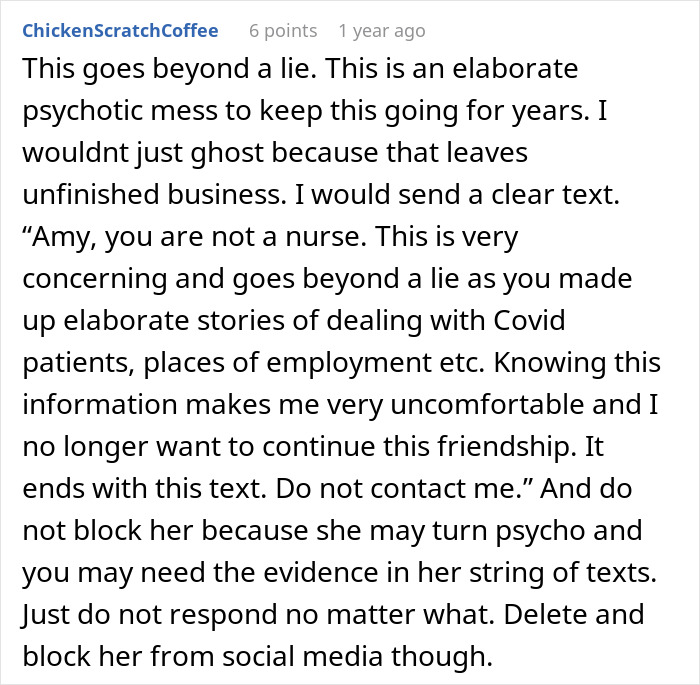 Comment discussing a woman who lies about her career for years, making up wild stories about her job and Covid experiences.