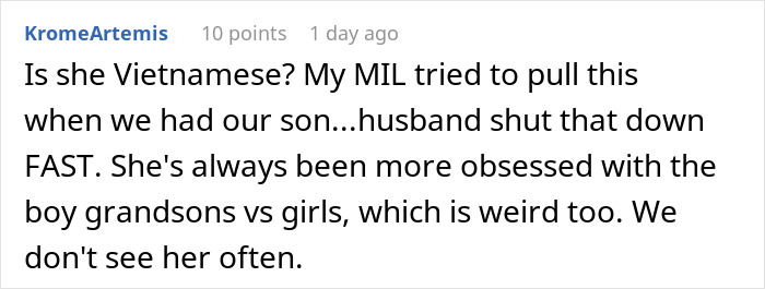 Screenshot of a Reddit comment about a MIL feeding dispute, mom takes her baby and storms off