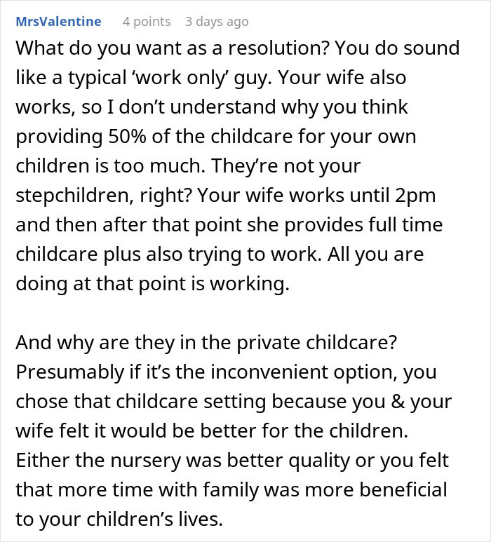 Reddit comment screenshot about childcare and a man feeling like his gf ATM after she quit her job