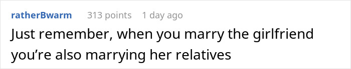 Text post showing a user comment about marrying a girlfriend and her relatives causing problems during a visit.