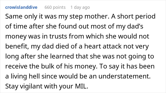 Reddit comment screenshot about a greedy mom reacting to inheritance and trusts after dad's death