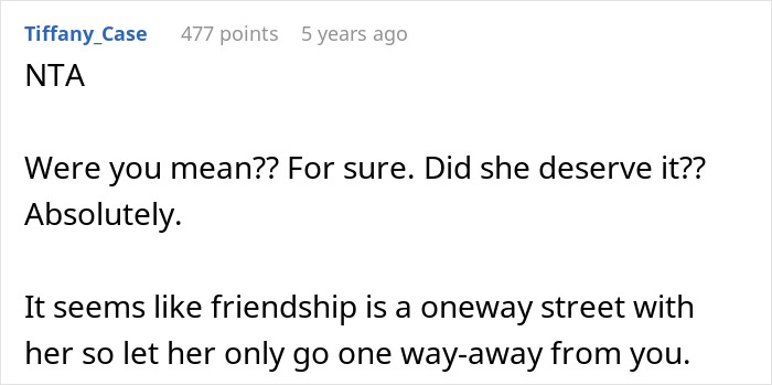 Comment text on a white background discussing SIL turning her back on a grieving woman and returning the same favor years later.