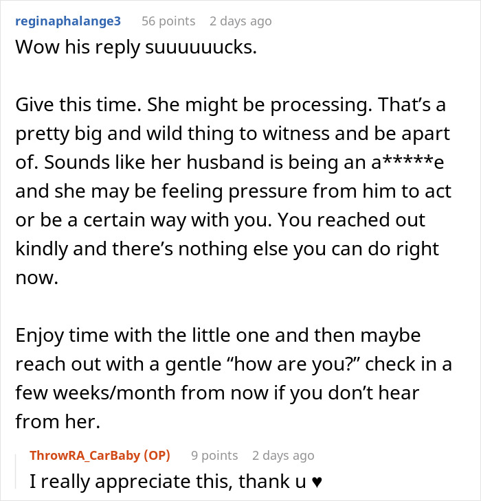 Reddit comments discussing a woman giving birth in friends' car and dealing with confusion after being ignored.