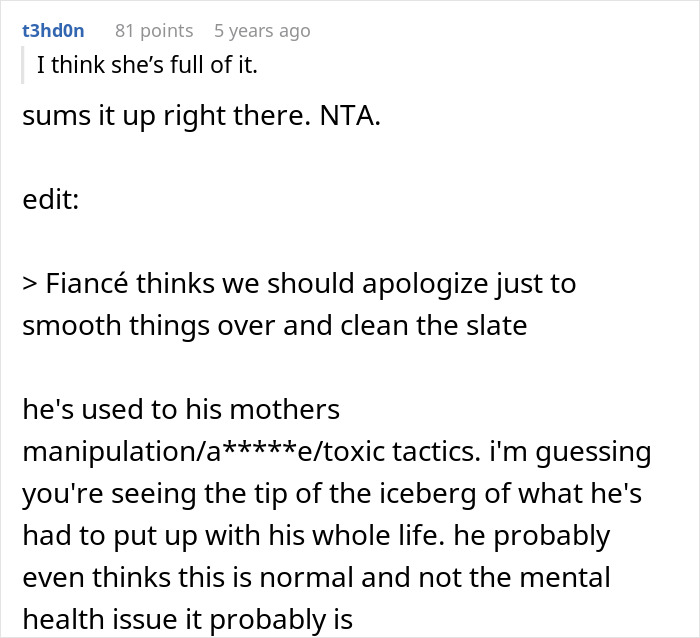 Commenter discussing fianc&eacute;'s experience with mother's manipulation and toxic tactics in a family conflict situation.