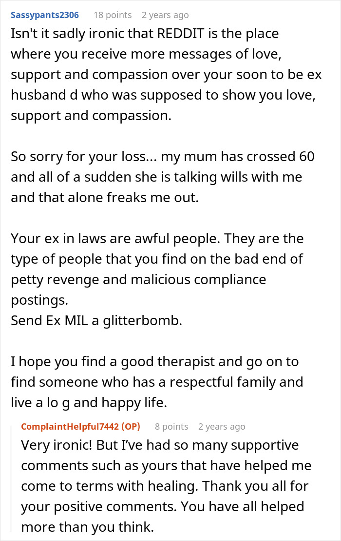 Reddit comments discussing wife&rsquo;s frustration with husband and in-laws&rsquo; rudeness and plans to hire a divorce lawyer.