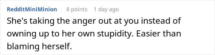 Comment on a post about a husband warning his wife against using a dangerous gift from her mom, which she ignores.