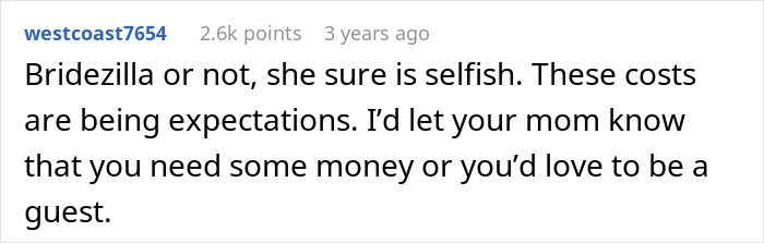 Screenshot of an online comment discussing a sister turning into a bridezilla and family tensions over wedding costs.
