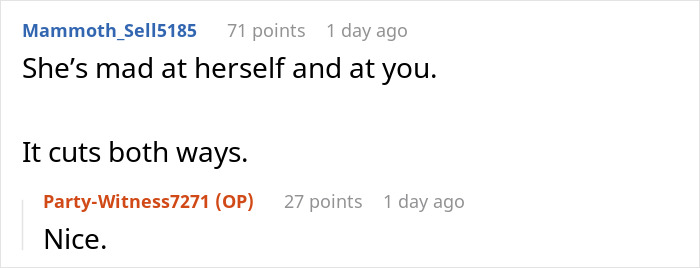 Screenshot of an online discussion where a husband advises against using a dangerous gift from her mom, but she ignores him.