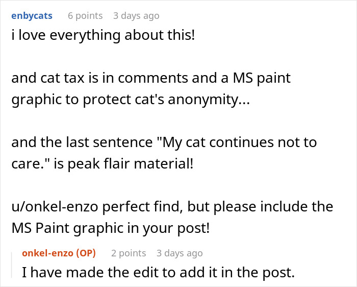 Screenshot of a conversation about protecting a lost cat&rsquo;s anonymity and discussing the cat&rsquo;s story of survival and family royalty.