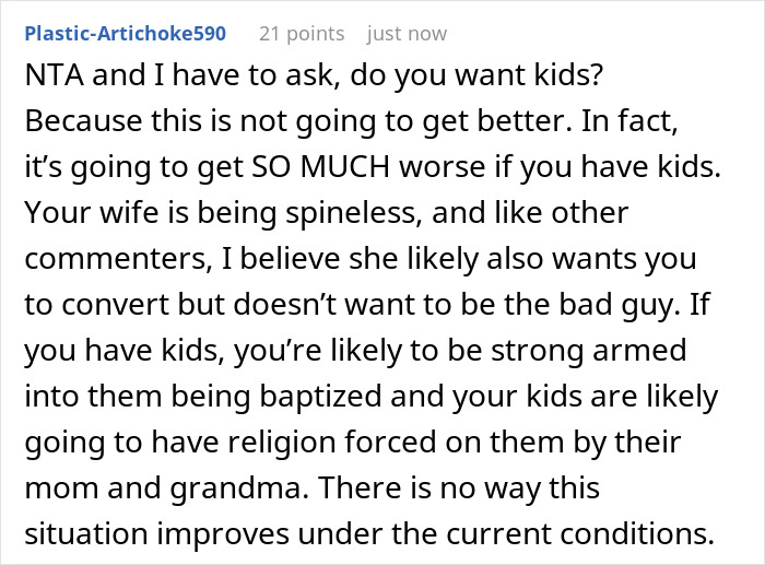 Comment warning about religious conversion attempts causing family conflict and forcing beliefs on children.