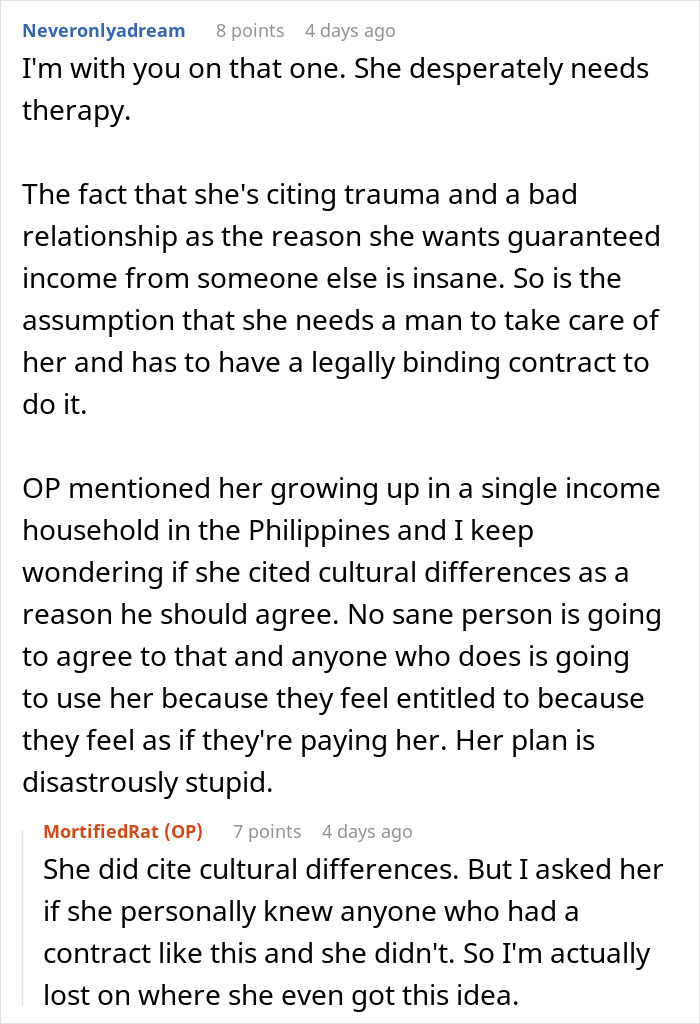 Discussion about a woman forcing her boyfriend to sign a contract granting her a share of his income for life.