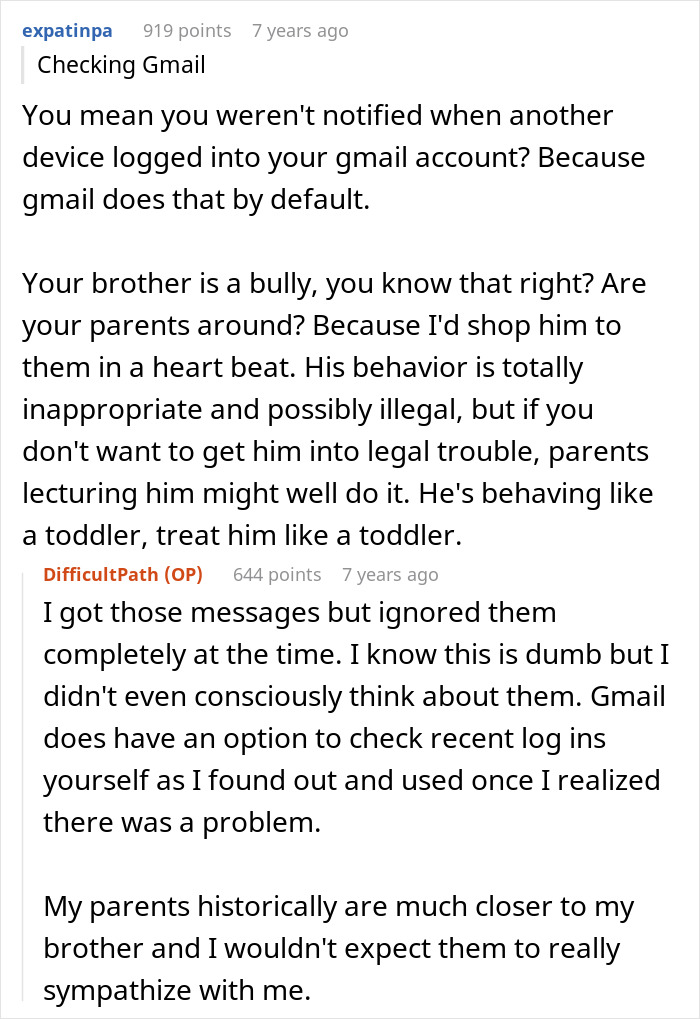Reddit thread discussing brother&rsquo;s stalking behavior causing loss of college, job, and mental health struggles for woman.