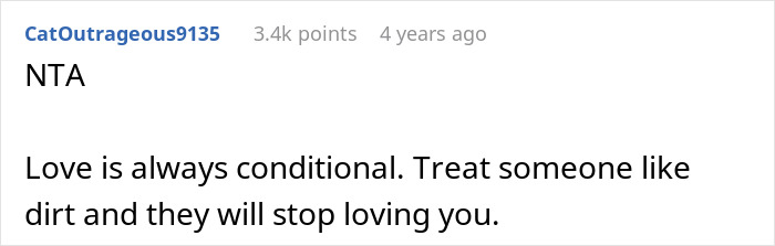 Reddit comment screenshot: NTA and Love is always conditional text, username visible, about selfish lady and adopted family