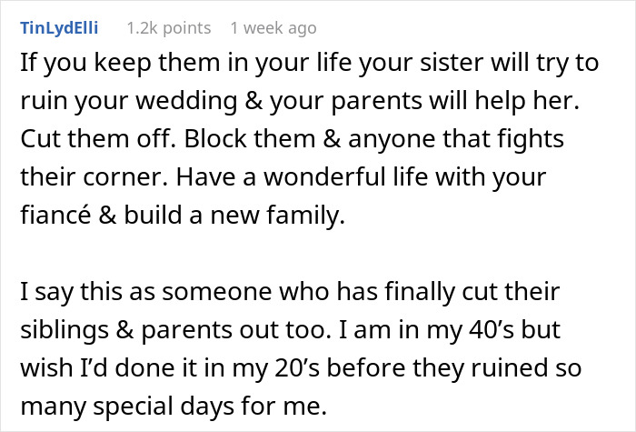 Comment advising to cut off toxic family to protect wedding plans and build a new life, reflecting golden child sibling dynamics.