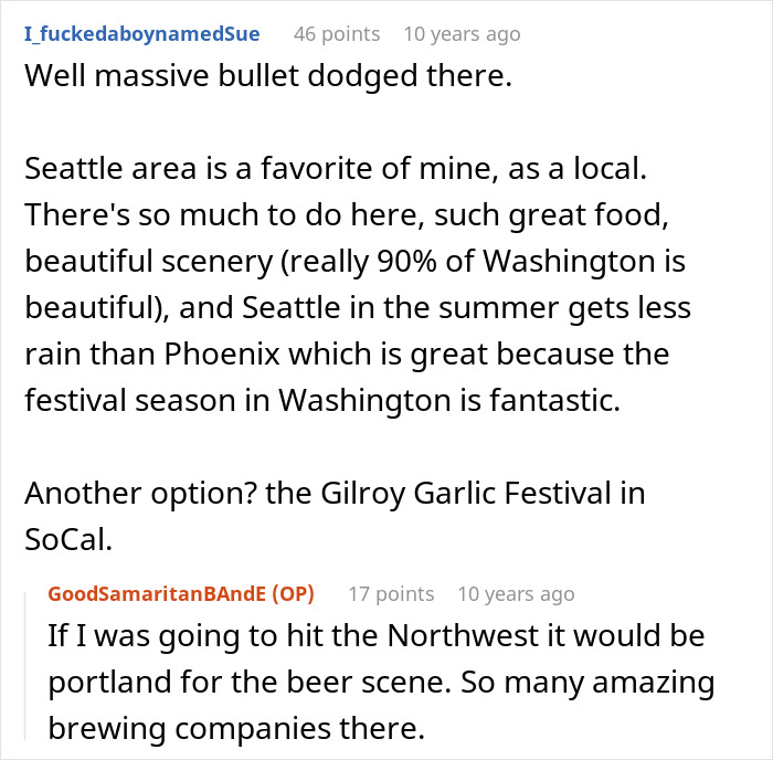 Screenshot of a Reddit conversation discussing local Seattle and SoCal festivals with insight on the hero&rsquo;s actions and relationships.
