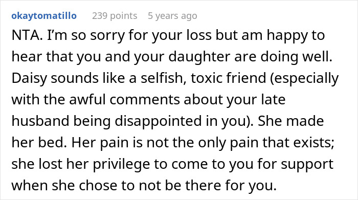 Comment discussing a selfish sister-in-law who turned her back during grief and returned the same favor years later.