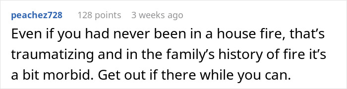 Comment about traumatizing family Christmas tradition triggering childhood trauma, warning to leave the situation promptly.