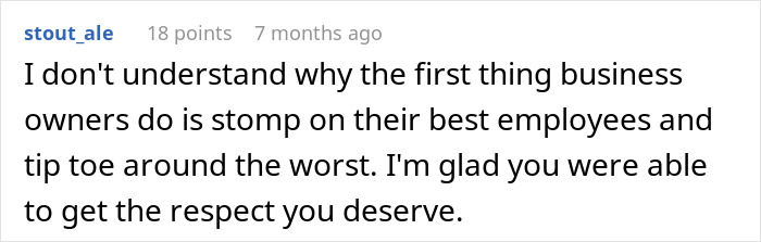 Comment on Reddit discussing how a boss suspends a waiter to teach him a lesson and later begs him to return.