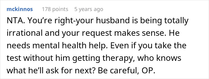 Comment explaining husband's irrational behavior after demand for paternity test for 3-year-old son and wife's therapy suggestion.