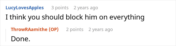 Screenshot of online thread showing advice to block lying boyfriend who went on a trip with a female friend.