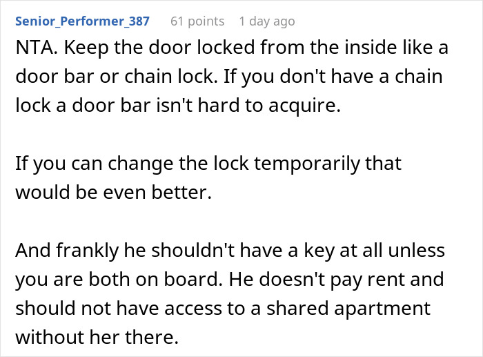 Advice on handling roommate boyfriend vacation drama by securing locks and limiting key access in shared living spaces.