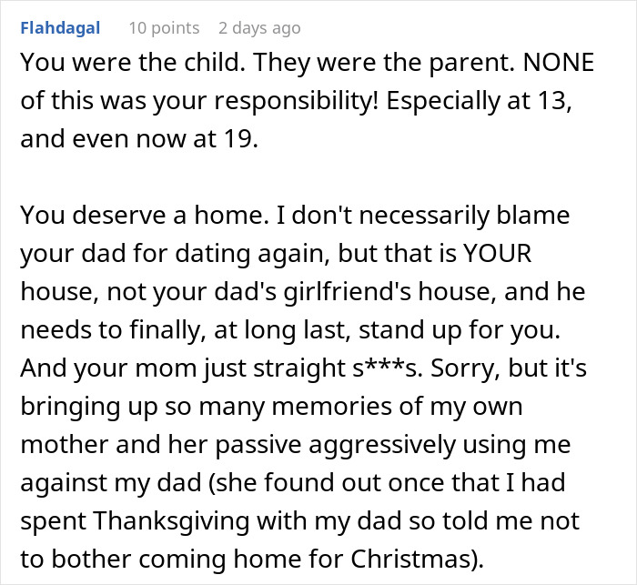Alt text: Mom blames daughter for picking dad in divorce, creating family conflict and refusing involvement in daughter's life.