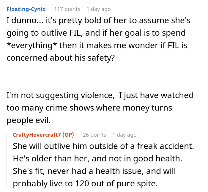 Reddit comment screenshot discussing Greedy Mom and inheritance, users debate outliving father and money turning people evil.