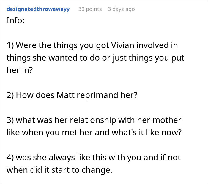 Text post with questions about Vivian&rsquo;s involvement, Matt&rsquo;s reprimand, and her relationship with her mother.